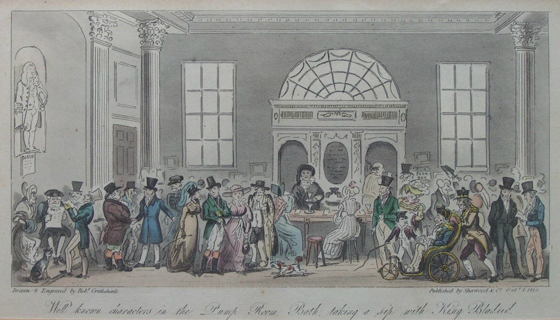 Aquatint - Well known characters in the Pump Room Bath, taking a sip with King Bladud. - Cruikshank